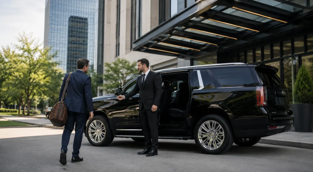 Professional chauffeur standing beside a premium SUV in White Plains