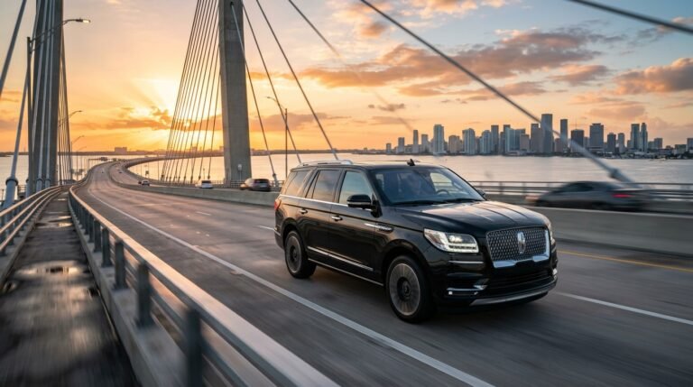 Lincoln Navigator luxury black SUV driving across highway bridge to Newark Airport