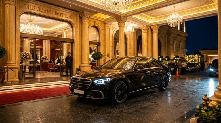 Luxury Mercedes-Benz S-Class executive chauffeur sedan parked outside a 5-star hotel