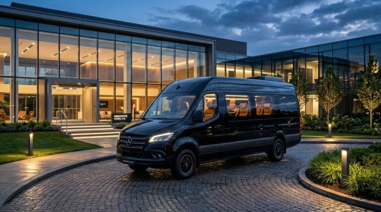 Mercedes-Benz luxury executive Sprinter passenger van parked outside corporate pavilion